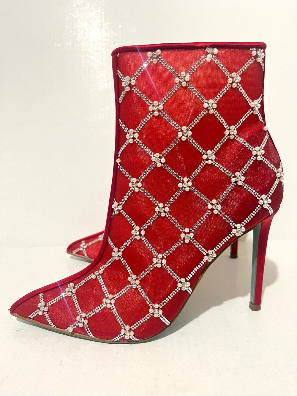 Betsey Johnson Women’s Larkk Embellished Mesh Booties in Red.